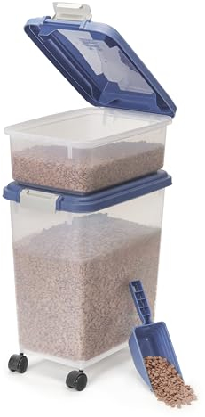 Iris Ohyama Katzenfutter Aufbewahrung mit Rollen, 30L+10L, Blau, Luftdichte Futterbox, Trockenfutter, Futterbehälter, Für Hunde, Katzen, Tierfutterbehälter, Schaufel, BPA-frei, Futtertonne, MP-8&MP-1