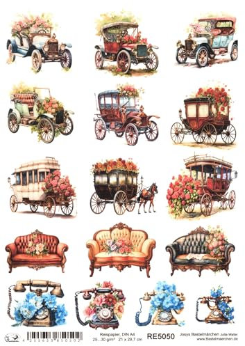 Josys Bastelmärchen Reispapier A4 Strohseide Vintage Oldtimer Kutsche Sofa Telefon Blumen RE5050