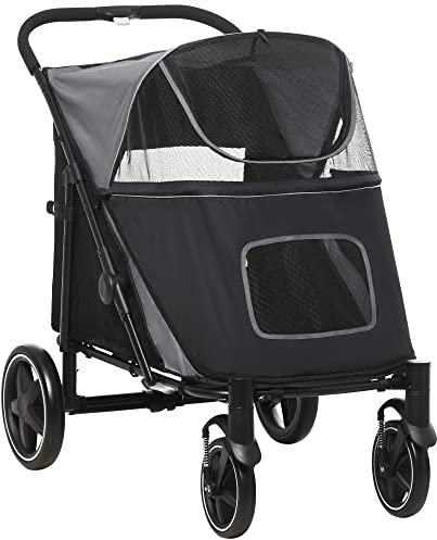 PawHut Dog Stroller, Foldable Pet Pram Dog Pushchair Buggy with Adjustable Canopy for Medium and Large Breeds, Black