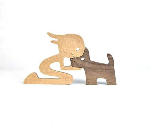 Joayuezo Holzfiguren Skulptur Ornamente Set, abstrakte Stil Menschen mit Hund Statue Handwerk Statue Skulptur Ornament Minimalistisches Dekor für Schlafzimmer, Heimbüro, Regal (03)