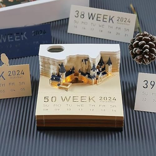 Simpls 1 Piece 2024 Desk Calendar with LED Lights, Paper Carving, 3D Lock Calendar, Notepad, Tear Off Notepad, Paper Carving, Crafts