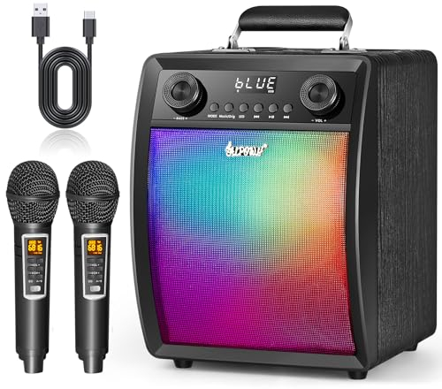 Macchina Karaoke per Adulti Bambini con 2 microfoni wireless UHF, altoparlante Bluetooth portatile sistema PA con luci a LED per feste in casa, matrimoni, chiesa, picnic, esterni/interni
