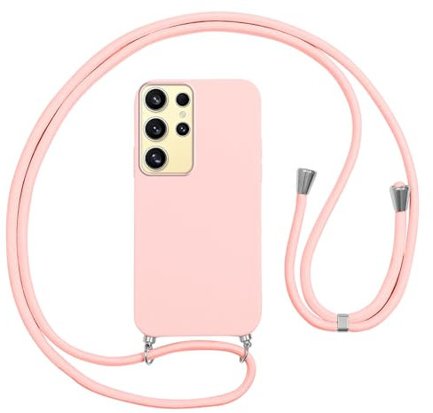 Vauki Coque avec Cordon pour Samsung Galaxy S24 Ultra, Rose Silicone Case Collier Réglable Lanyard, Souple TPU Antichoc Bumper Tour de Cou Chaîne Housse de Protection pour Samsung S24 Ultra