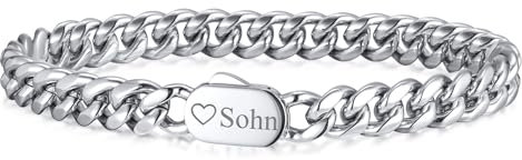 TempBeau Armband Herren Sohn Geschenke Personalisiertes : Gravur Edelstahl Armbänder Silber Schmuck Geschenke für Männer Daddy Freund 21.5cm Länge Armkette Modeschmuck Weihnachten Tag Vatertag（sohn