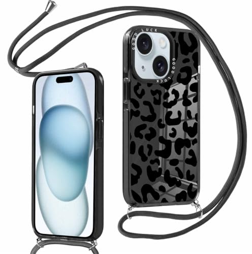 Foonary Handykette für Apple iPhone 15 6,1 Hülle mit Band Aesthetic Muster Design Handyhülle mit Kette Schutzhülle zum Umhängen Transparent Silikon Case für iPhone 15,Leopard