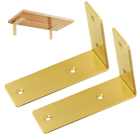 Vebetter Support Étagère Murale, 2PCS Equerre Murale Robustes, Support Etagere Murale, Support Etagère Murale Fixation Flottante Support, Supports d'étagère Industriels Doré avec vis Assorties.