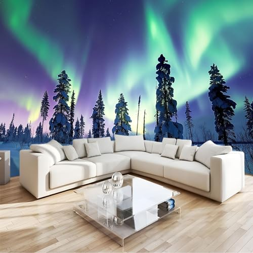 Wandgemälde Tapete Nordlicht-Schneeszene Fototapete Für Schlafzimmer Wohnzimmer Sofa Tv Hintergrund Wanddekoration Vliespapier, 350 x 246 Cm Wanddeko Wohnzimm