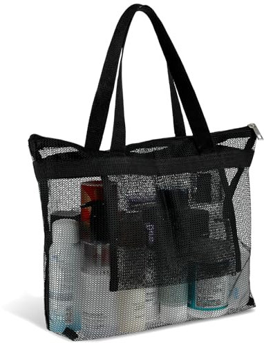 Mesh Shower Bag, Shower Caddy Portable Mesh Tote Bag with Zipper, Quick Dry Hanging Bath and Toiletry Organizer for College Dorms, Gym, Beach, Camping, Swimming, Yoga and Travel (1Pcs, Black)