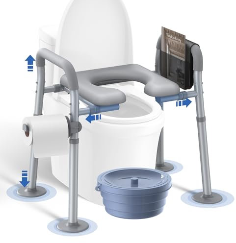 Jofulity Asiento de inodoro elevado con reposabrazos y patas ajustables