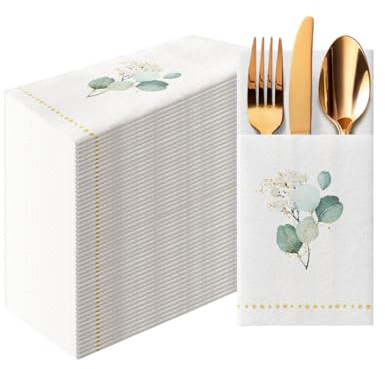 PAW - Linen Feel Napkins with Built-in Flatware Pocket, Airlaid Paper Pre-Folded Napkins for Silverware, Wedding Party, Dinner, Birthday, Gatherings, Golden Eucalyptus Design, 50 Count