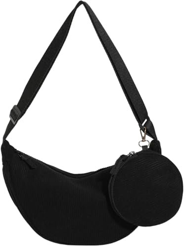 KESUDE Moon Bag Cord Umhängetasche Damen Klein - Tasche Damen Klein Crossbody Bag Cord Schultertasche Brusttasche mit verstellbarem Gurt, Stylische Halbmond Bag Set Bauchtaschen Damen,Schwarz