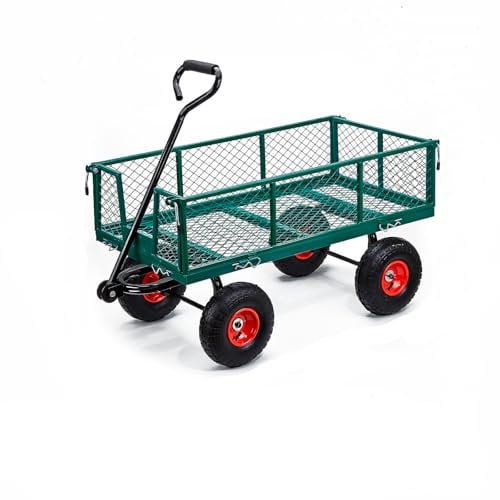 Chiidou Large 1100lbs Garden Trolley Cart, Heavy Duty Steel Wagon with Removable Folding Sides, Utility Mesh Cart Wheelbarrow with 10-inch Pneumatic Tires for Outdoor, Farm, Yard