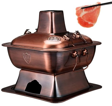 Pentola cinese in rame, vecchia pentola in acciaio inox al carbone rosso di rame, pentola quadrata spessa in acciaio inox, riscaldamento a carbone, adatta per famiglia, amici e feste(Brass,32cm)