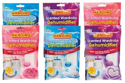 Scented Hanging Wardrobe Dehumidifier Bags | Moisture Trap Crystals | Mixed Pack of 6 | Damp Control for Wardrobes, Caravan, Cupboard etc..
