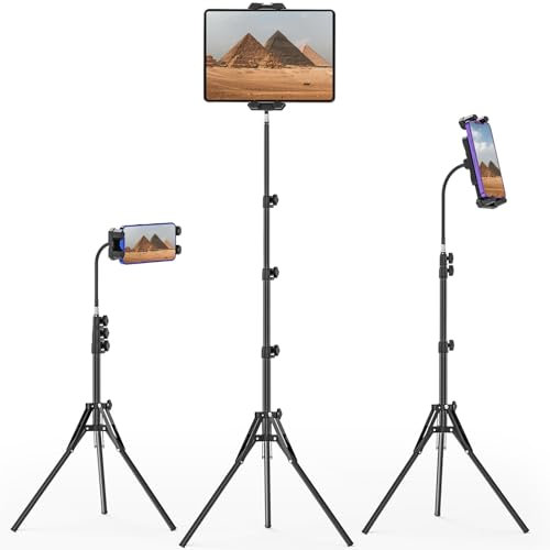 JUBORUI iPad Tripod Stand, 68.89 Height Adjustable Tablet Tripod Stand, 360° Rotating Tablet Floor Stand with Gooseneck, iPad Tripod Mount for 4.7-13.5 Table t