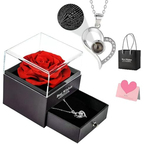 Preserved Real Rose, Box with I Love You Necklace In 100 Languages, Real Rose Flower Gifts for Her Woman Girlfriend Mother on Birthday, Anniversary, Valentines Day, Mothers Day