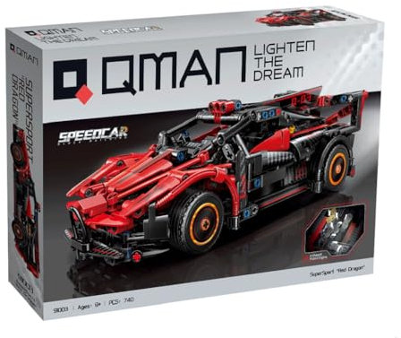 QMAN® 91003 - Roter Drachen-Sportwagen Bauset für Kinder, Kreatives Konstruktionsspielzeug mit Technic-kompatiblen Bausteinen