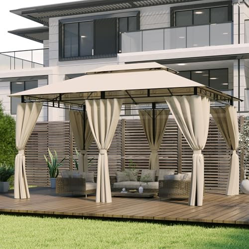 Devoko Garden Pavillon 3x4 Wasserdicht Stabil Winterfest Deluxe Gazebo, UV-Schutz 50+ Doppeldach Partyzelt Gartenzelt Patio Gazebo für Festival, Events, Partys für 4-6 Personen, Beige