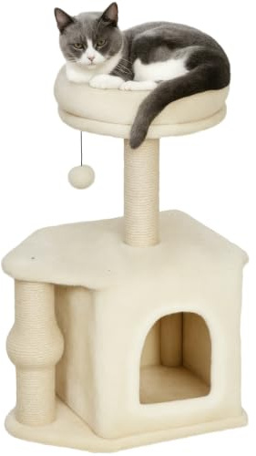PawHut Rascador para Gatos con Cama Cueva Plataforma 66 cm Beige | Árbol para Gatos, Torre de Escalada, Bola Colgante, Poste de Yute