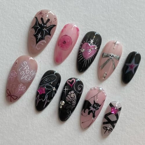 GlamRays 24 Stück süße Katzen-Nägel, Aufkleber-Nägel, mittelgroße Mandel-Falschnägel mit Gotik-Fledermaus, Herz, Schleife, Kristall-Design, Y2k-Glitter
