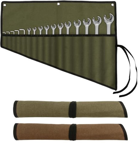 HDFGB 2 Pack Waxed Canvas Tool Roll Bags,Heavy Duty Spanner Chisel Organiser Waterproof Tool Up Bag with 16 Pockets,Multi-Purpose Tool Wrap Bag for Plumbers Craftsmen and Electricians