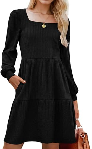 ZEAGOO Kleid Damen Langarm Herbstkleid A Linie Puffärmel Elegantes Strickkleid Kleider Knielang mit Taschen für Herbst Winter S-XXL