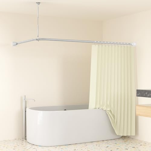 Misounda Duschvorhangstange L Form 85x175 cm Ohne Bohren, Eckduschvorhangstange aus 304 Edelstahl, Duschstange mit Deckenstütze & 12 Ringen für Badezimmer Badewanne, Stabil bis 30kg, Silber