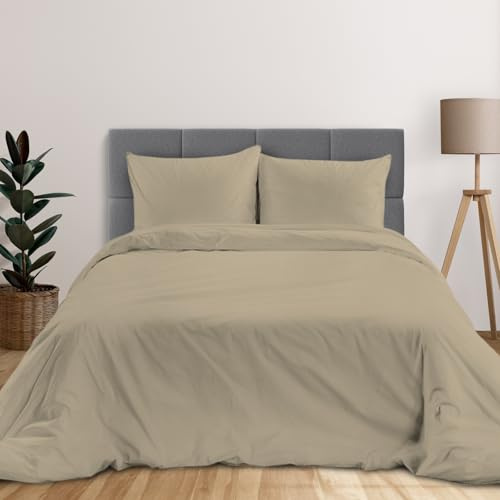 Pizuna Perkal Bettbezug 200x200 Baumwolle Taupe | langstaplige Baumwolle in Perkalbindung Bettbezug set mit verdecktem Rei Bverschluss und 2 Kopfkissenbezug 80x80 Mako Satin