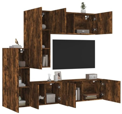 Holamys 5-TLG. Wohnwand Räuchereiche Holzwerkstoff, Wandmontage TV-Schrank Set, Stauraum für Wohnzimmer, Medien & Bücher, Robustes Material, Feuchtigkeitsbeständig, Vielseitiges Design