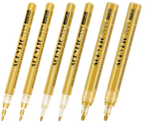 ALONK 6er-set Acryl Goldstift, 0.7/1/2 Mm Goldener Stift Wasserfest, Schnelltrocknend, Wetterfest für Diy-projekte Steinmalerei, Keramik, Holz, Glas, Metall, Stoff