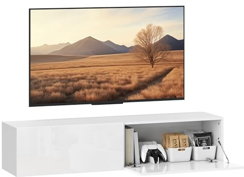 HOMCOM Mobile TV Sospeso per Televisori 140x33x29.8 cm Bianco Lucido | Mobile Porta TV, 2 Armadietti, Ante a Ribalta, per 45-55-65, Salotto, Soggiorno, Camera da Letto