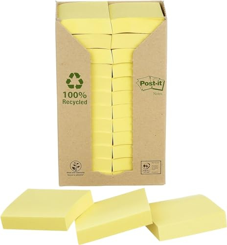 Post-it Recycling-Notes, 24 Blöcke (2400 Blatt), 38 mm x 51 mm, Gelb | Selbstklebende Notizzettel aus Recyclingpapier für Erinnerungen, Listen und Planung; Haften und Lassen Sich Sauber Entfernen