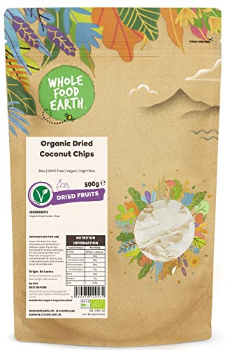 Wholefood Earth Organic Dried Coconut Chips – 500g | Raw | GMO Free | Vegan | High Fibre | Certified Organic
