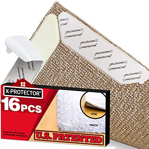 Teppichgreifer X-Protector - 16 Stück Teppich Antirutschunterlage - Teppichband - Teppichunterlage - Doppelseitige Teppich Aufkleber - Wiederverwendbar Antirutschmatte!
