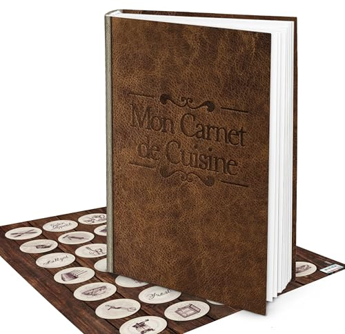 Logbuch-Verlag Set XXL livre de recettes à écrire soi-même DIN A4 Mon Carnet de Cuisine aspect cuir français + 24 autocollants de cuisine marron