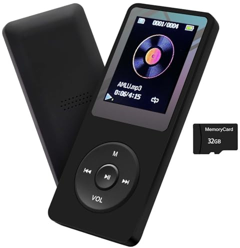 Lecteur MP3 32 Go avec haut-parleur Radio FM Casque HiFi Portable Son sans perte MP3 Mini Lecteur de Musique Enregistreur Voix E-Book HD Écran 1.8 pouces Noir Support jusqu'à 128 Go