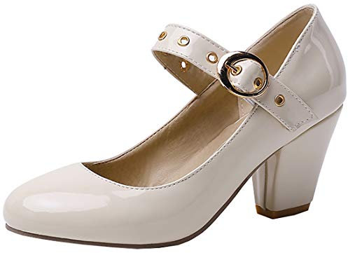 Etebella Damen Mary Jane High Heels Lack Pumps mit Blockabsatz und Riemchen Rockabilly Schuhe(Beige,41)