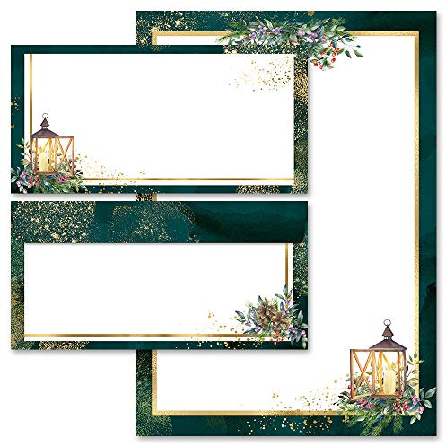 Paper-Media Adventsnacht Briefpapier-Set, 40 tlg., Weihnachtsmotiv, 20 Blatt Briefpapier + 20 passende Briefumschläge DIN LANG ohne Fenster, Grün, Dekorativ