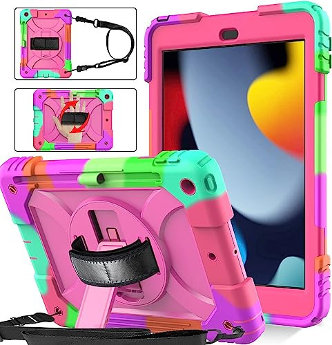 SINSO Case for iPad 9th/8th/7th Generation 10.2 inch iPad Cover 2021/2020/2019 Heavy Duty Shockproof with 360° Rotating Stand/Hand Strap/Shoulder Strap/Pen Holder, Rose