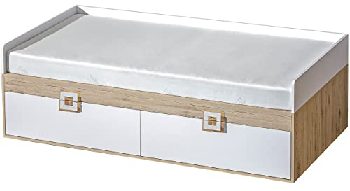 Marmex Nico N14 Einzelbett 90x200 cm mit Schubladen für Jugendzimmer - Funktionelles Bett für Kinderzimmer - Hochwertige Möbelbeschläge - Laminierte Spanplatte - Eiche Hell + Weiß + Eiche hell