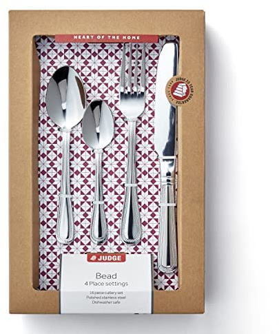 Judge Bead 16-Piece Stainless Steel Cutlery Set in Gift Box for 4 People, Dishwasher Safe - 25 Year Guarantee