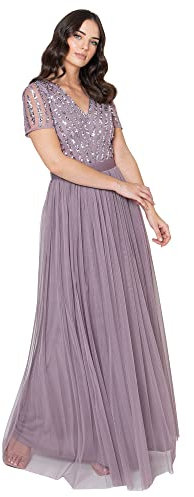 Maya Deluxe Women's Maxi Dress Ladies Bridesmaid V-Neck Ball Gown Short Sleeves Long Elegant Empire Waist Wedding, Moody Lilac, 24