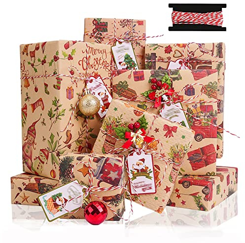 Toptime Christmas Wrapping Paper, 6 Sheets Recycled Gift Paper Set w/Christmas Tags and Rope, Brown w/6 Vintage Designs-Berry Elf,Bell,Vine,Bouquet,Biscuit, for Gifts, 70x50cm