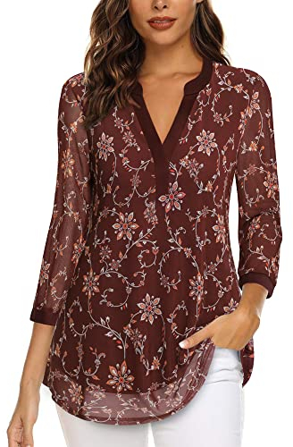 Vafoly Damen Bluse Tunika 3/4 Ärmel Arbeitskleidung für Frauen Büro Damen Tuniken zu Tragen mit Leggings Weiblich Henley V-Ausschnitt Oberteile Business Casual Bluse Dunkelrot Blumen XXL