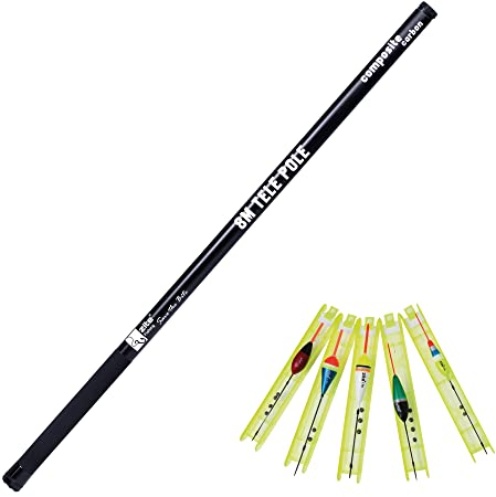 Zite Fishing Stipprute 8m Composite Carbon Stippe Teleskop-Rute - Auch als Geocaching-Angel Einsetzbar + 5 Stück Fertigangel Set 0,5-2g