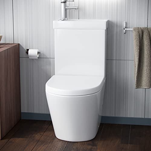 Pilton 2 in 1 Close Coupled Two Piece Ceramic Toilet with Sink On Top - Rimless WC Pan with Cistern and Soft Close Seat and Mixer tap