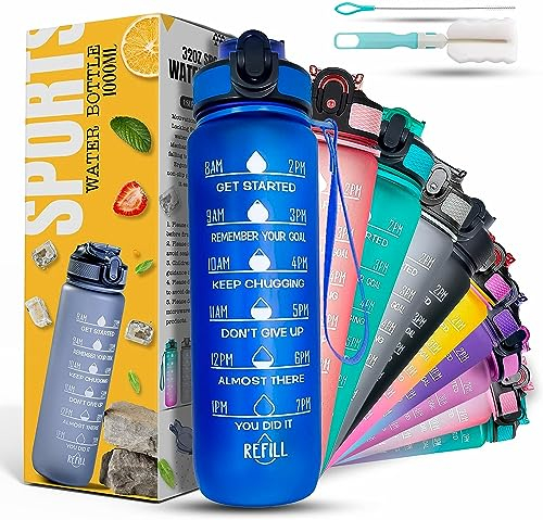 K-MART Sport Wasserflasche, 1L Wasserflasche mit Strohhalm und Zeitmarkierungen, Auslaufsichere Trinkflasche BPA Frei Ungiftig, 1 Klick Öffnen Wasserflasche 1L für Fitnessstudio, Schule & Büro (Blau)