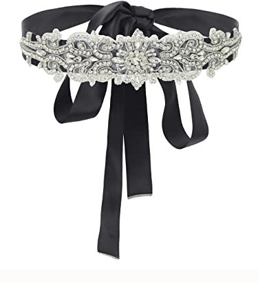 IYOU Kristall Hochzeit Braut Gürtel Schwarz - Strass Kleid Schärpe Mit Schleife für Frauen - Prom Brautjungfer