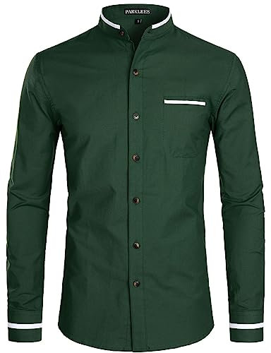 PARKLEES Mens Hipster Design Grandad Collar Oxford Shirt Slim Fit Long Sleeve Casual Button Down Dress Shirts with Pocket EU-PZ113 Dark Green Large