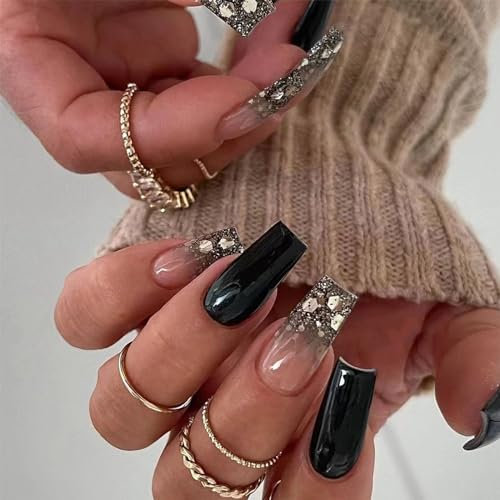 24pcs Long Square False Nails Black Stick on Nails French Tip Glitter Silver Sequins Press on Nails Removable Glue-on Nails Full Cover Fake Nails Women Brides Nail Art Accessories